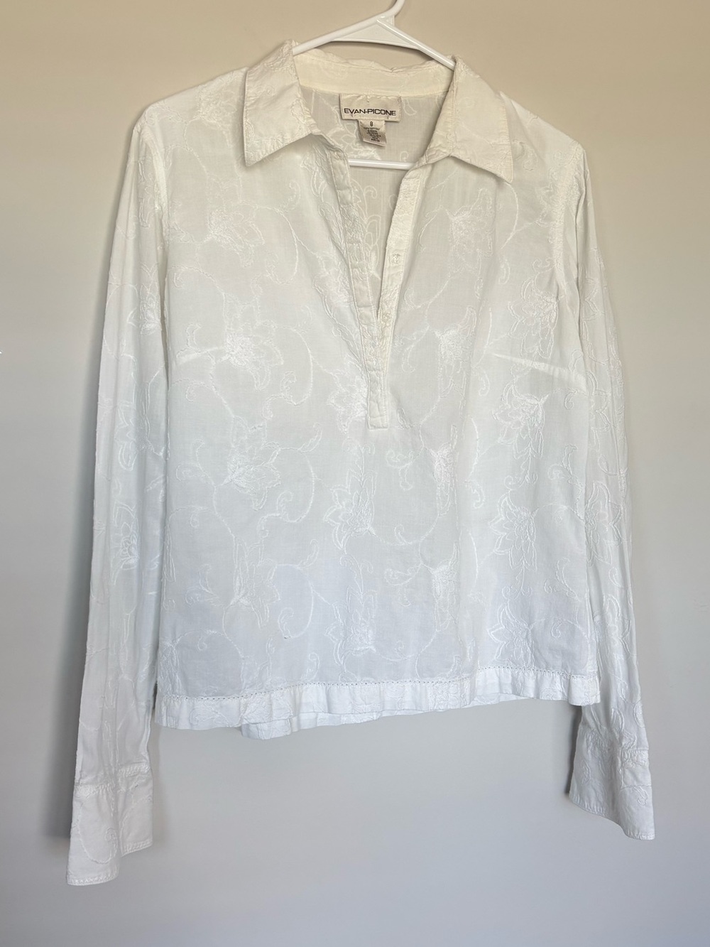 Evan-Picone White Embroidered Cotton Blouse 8 Split Neck Long Sleeve Coastal